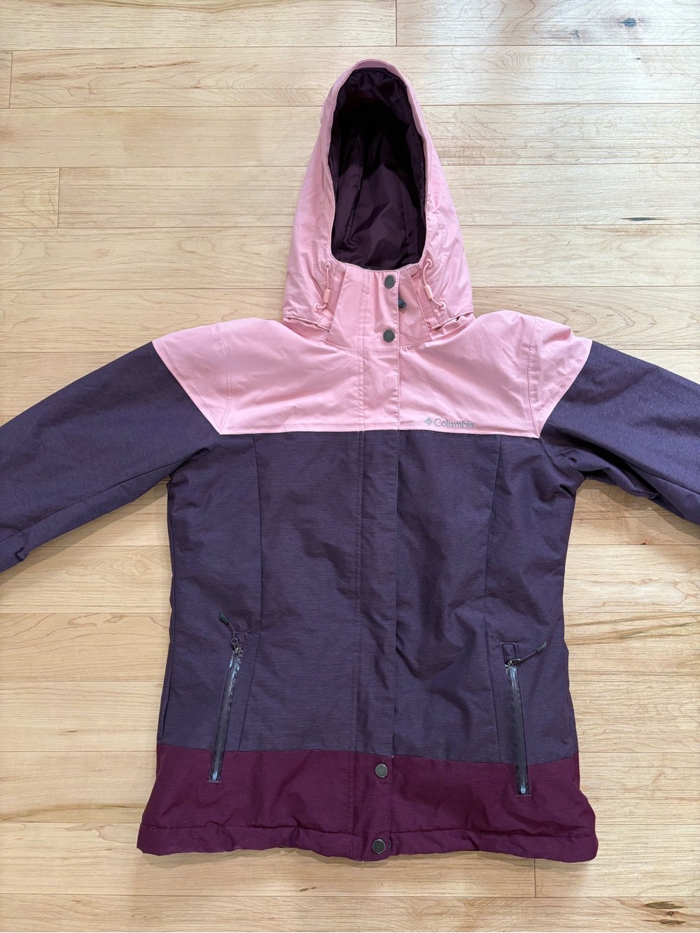 Columbia Colorblock Hooded Ski Jacket in Light Pink, Plum and Burgundy